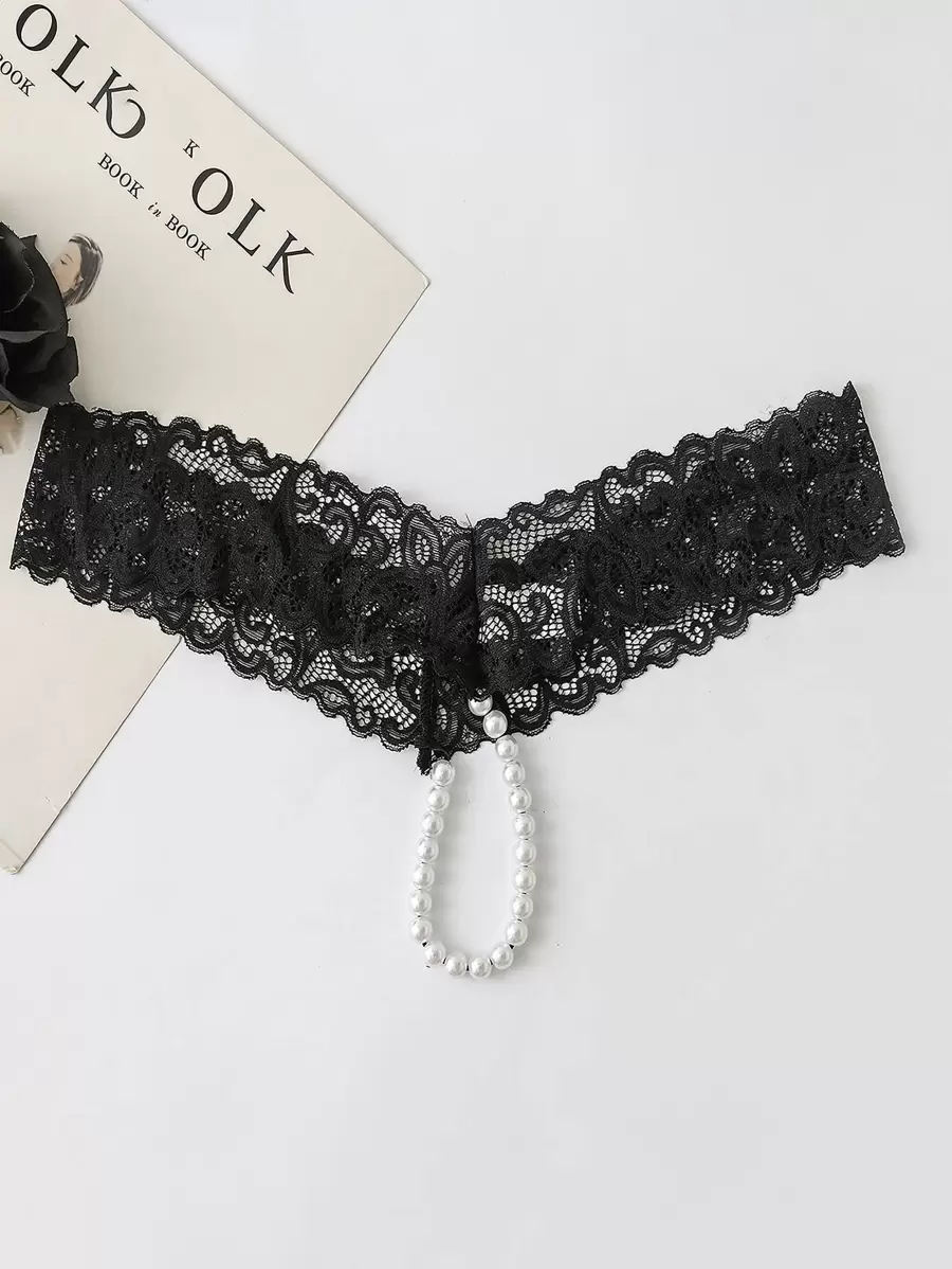 Faux Pearl Decor Floral Lace Panty Lingerie