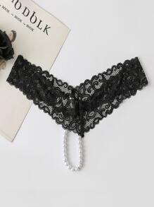 Faux Pearl Decor Floral Lace Panty Lingerie