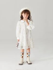 小女童娃娃領前蝴蝶結蕾絲連衣裙 - 米色 - 查看 1