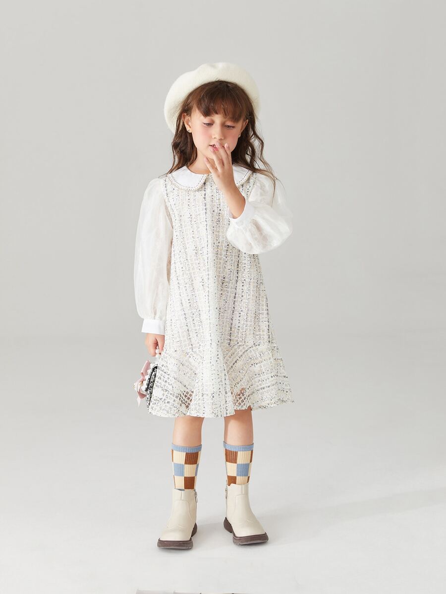 小女童娃娃領前蝴蝶結蕾絲連衣裙 - 米色 - 查看 1