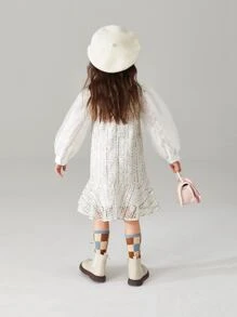 小女童娃娃領前蝴蝶結蕾絲連衣裙 - 米色 - 查看 2