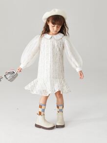 小女童娃娃領前蝴蝶結蕾絲連衣裙 - 米色 - 查看 5