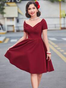 MUXXN Sweetheart Neck Fit & Flare Dress - Burgundy - View 1
