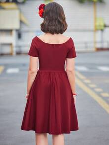 MUXXN Sweetheart Neck Fit & Flare Dress - Burgundy - View 2