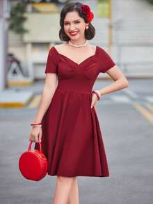 MUXXN Sweetheart Neck Fit & Flare Dress - Burgundy - View 3