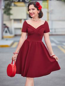 MUXXN Sweetheart Neck Fit & Flare Dress - Burgundy - View 4