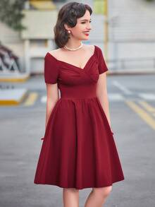 MUXXN Sweetheart Neck Fit & Flare Dress - Burgundy - View 5