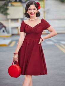 MUXXN Sweetheart Neck Fit & Flare Dress - Burgundy - View 6