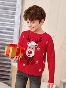 SHEIN Boys Christmas Deer & Snowflake Pattern Jumper - Red - View 1