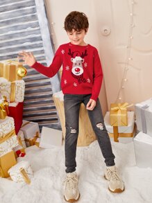 SHEIN Boys Christmas Deer & Snowflake Pattern Jumper - Red - View 4