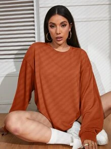 SHEIN EZwear 素色落肩T恤 - 亮橙色 - 查看 1