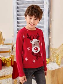 SHEIN Boys Christmas Deer & Snowflake Pattern Jumper - Red - View 5