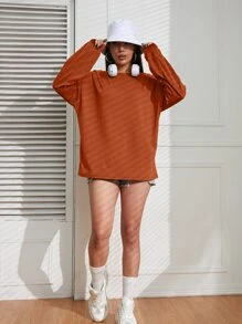 SHEIN EZwear 素色落肩T恤 - 亮橙色 - 查看 3