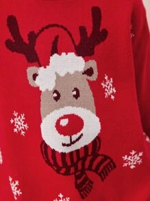 SHEIN Boys Christmas Deer & Snowflake Pattern Jumper - Red - View 6