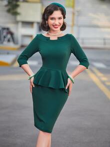 Vestido ajustado unicolor fruncido - Verde Oscuro - Ver 3