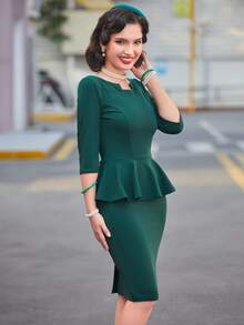 Vestido ajustado unicolor fruncido - Verde Oscuro - Ver 5