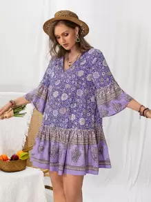 Rusttydustty Vestido corto de flores morado con estampado para mujer de talla grande, con cuello en V y mangas con tirantes, para vacaciones en la playa y estilo bohemio - Multicolor - Ver 1