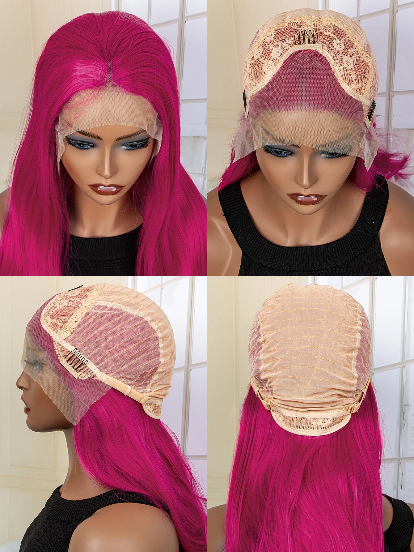 Miniatura 7 de frente de encaje 13*3 Peluca sintética largo recto Rosa Fucsia