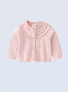 Baby Scallop Trim Button Front Cardigan - Baby Pink - View 1
