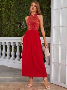 Eilly Bazar Contrast Sequin Halter Dress