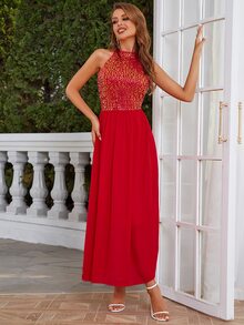 Eilly Bazar Contrast Sequin Halter Dress