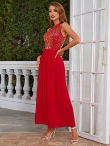 Eilly Bazar Contrast Sequin Halter Dress