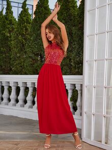 Eilly Bazar Contrast Sequin Halter Dress