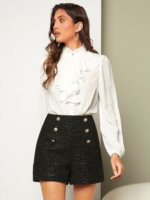 BizChic Women's High Waist Metal Button Double-Breasted Tweed Shorts, Casual For Urban Commuting And Business, Autumn/Winter