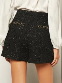 BizChic Women's High Waist Metal Button Double-Breasted Tweed Shorts, Casual For Urban Commuting And Business, Autumn/Winter