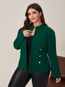 SHEIN Clasi áo khoác kích thước lớn Nút đôi màu trơn Thanh lịch - Màu xanh lá cây đậm - Xem 1