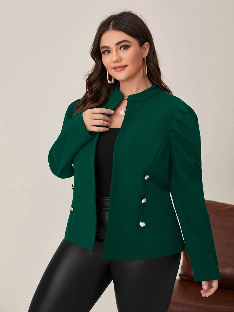 SHEIN Clasi áo khoác kích thước lớn Nút đôi màu trơn Thanh lịch - Màu xanh lá cây đậm - Xem 1