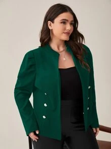 SHEIN Clasi áo khoác kích thước lớn Nút đôi màu trơn Thanh lịch - Màu xanh lá cây đậm - Xem 3