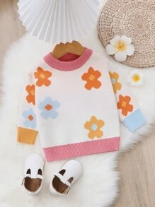 嬰兒花卉圖案拼接邊套頭毛衣 - 杏色 - 查看 1