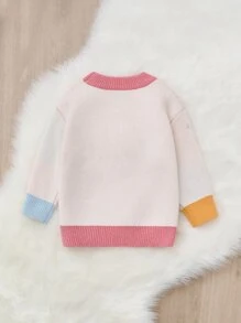 嬰兒花卉圖案拼接邊套頭毛衣 - 杏色 - 查看 2