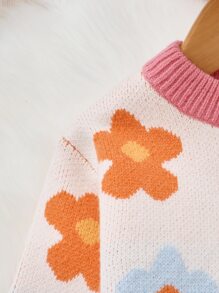 嬰兒花卉圖案拼接邊套頭毛衣 - 杏色 - 查看 3