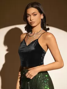 SHEIN BAE Butterfly Embroidery Mesh Back Velvet Cami Top - Black - View 3