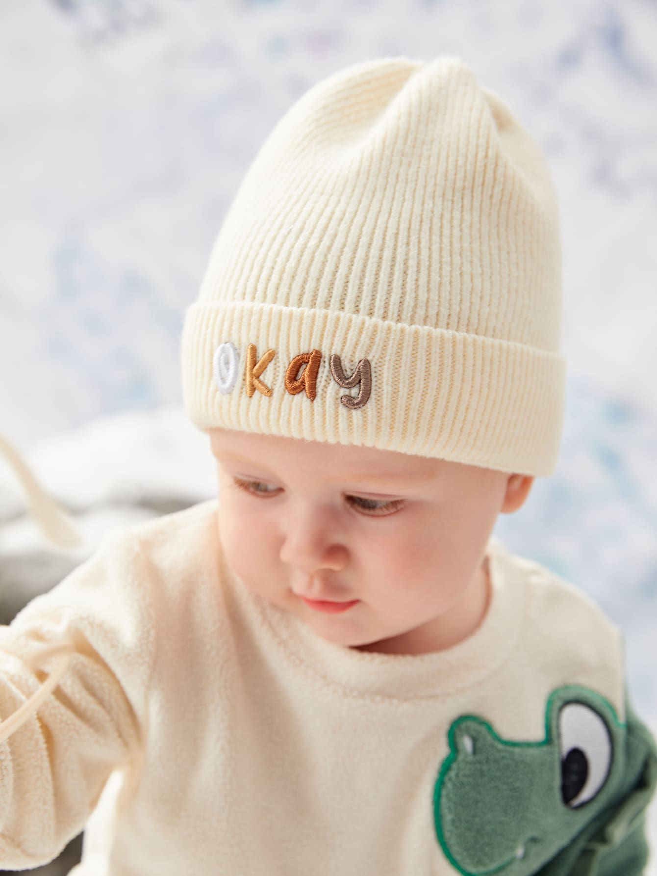 TUTUYA Embroidered Knitted Hat With Ok Sign, Warm Beanie For Baby Boy And Girl - Beige - View 1