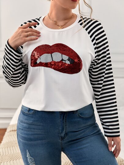 Plus Striped Raglan Sleeve Mouth Sequin Patched Tee