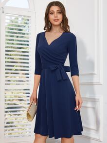 素色交疊領繫腰帶洋裝 - 藏蓝色 - 查看 3