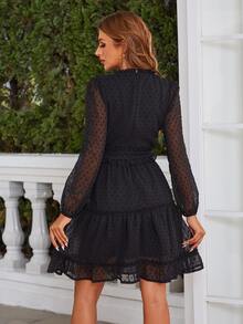 Eilly Bazar Swiss Dot Tie Neck Lantern Sleeve Ruffle Hem Dress - Black - View 3