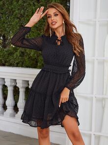 Eilly Bazar Swiss Dot Tie Neck Lantern Sleeve Ruffle Hem Dress - Black - View 4