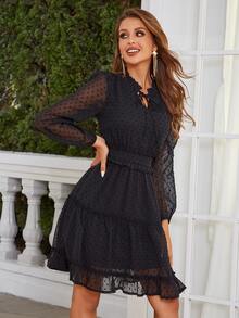 Eilly Bazar Swiss Dot Tie Neck Lantern Sleeve Ruffle Hem Dress - Black - View 5