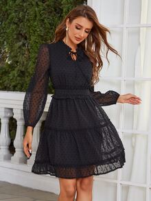 Eilly Bazar Swiss Dot Tie Neck Lantern Sleeve Ruffle Hem Dress - Black - View 6
