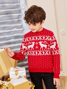 SHEIN Boys Elk & Geo Pattern Jumper - Red and White - View 2