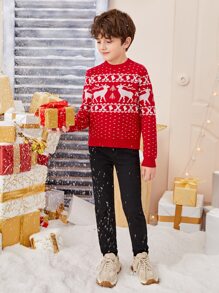 SHEIN Boys Elk & Geo Pattern Jumper - Red and White - View 7