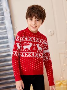 SHEIN Boys Elk & Geo Pattern Jumper - Red and White - View 4