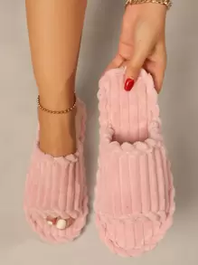 露趾女士厚底保暖毛绒家居拖鞋，室内/户外露趾加垫拖鞋，秋冬 - 珊瑚粉 - 查看 1