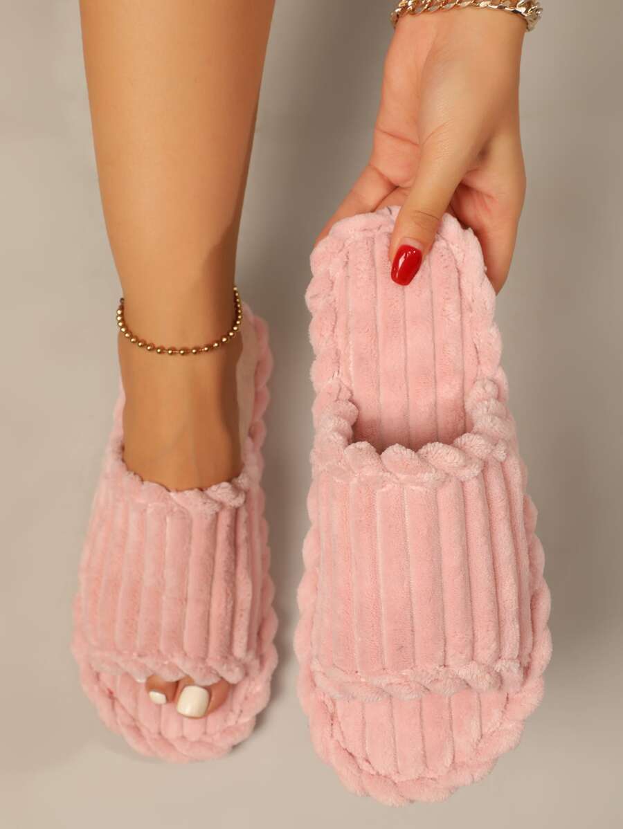 露趾女士厚底保暖毛绒家居拖鞋，室内/户外露趾加垫拖鞋，秋冬 - 珊瑚粉 - 查看 1