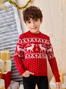 SHEIN Boys Elk & Geo Pattern Jumper - Red and White - View 5