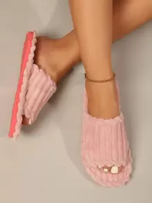 露趾女士厚底保暖毛绒家居拖鞋，室内/户外露趾加垫拖鞋，秋冬 - 珊瑚粉 - 查看 3